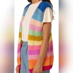 FRNCH Milla Hand Knitted Rainbow Colorful Striped Cardigan Vest. M/L